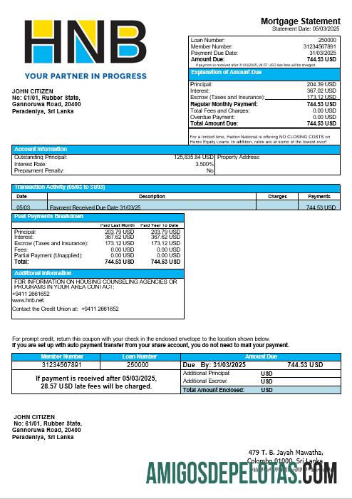 Declaração de hipoteca do Hatton National Bank do Sri Lanka em formatos Word e PDF amostra